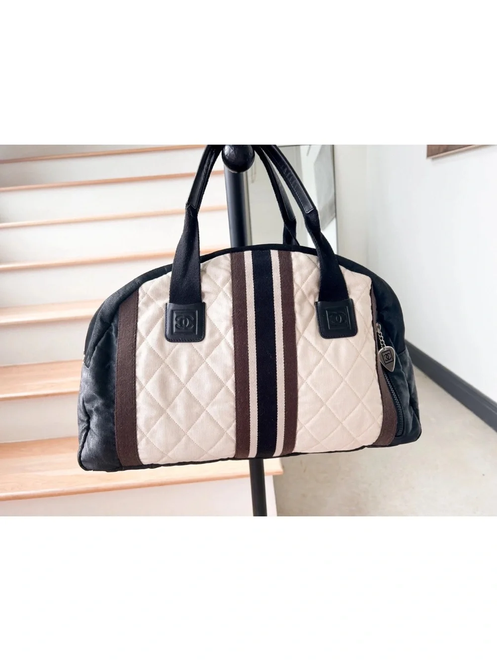 Chanel vintage bowler purse gym bag quilted large silver hardware luxury